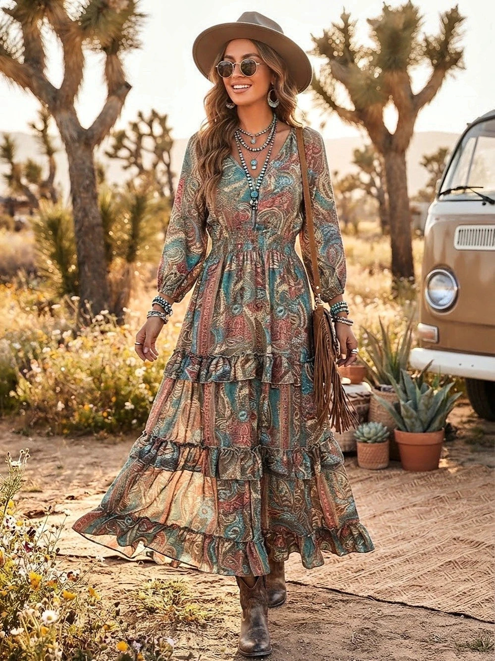 Karma Highway Paisley Patchwork Ruffle Hem Smock Dress Maxi Dress Blue & Pink